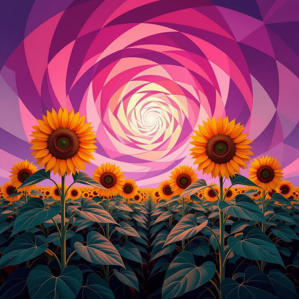 Giant Sunflowers Emerge in Cubist Sky