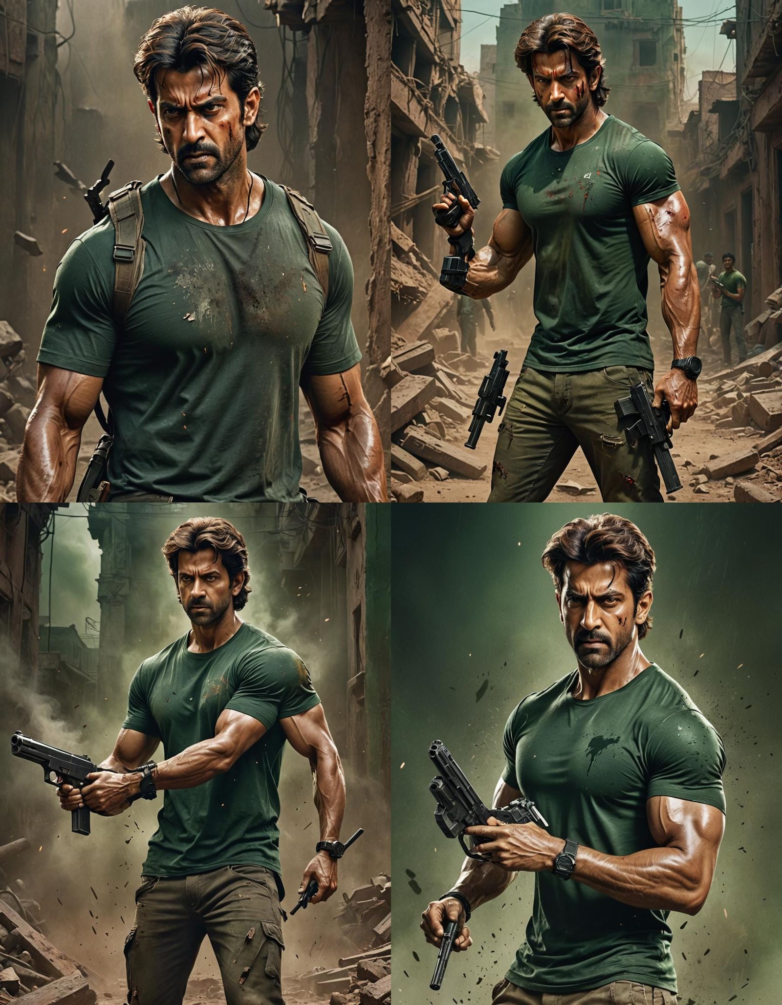 Muscular Man with Guns in War-Torn Scene