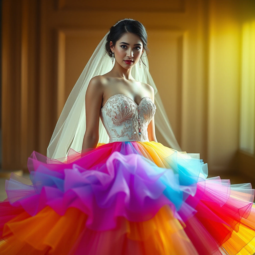 Rainbow Wedding Dress Portrait in High-Contrast Style