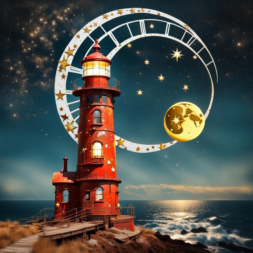 Steampunk Crescent Moon and Lighthouse in Glo-fi Style