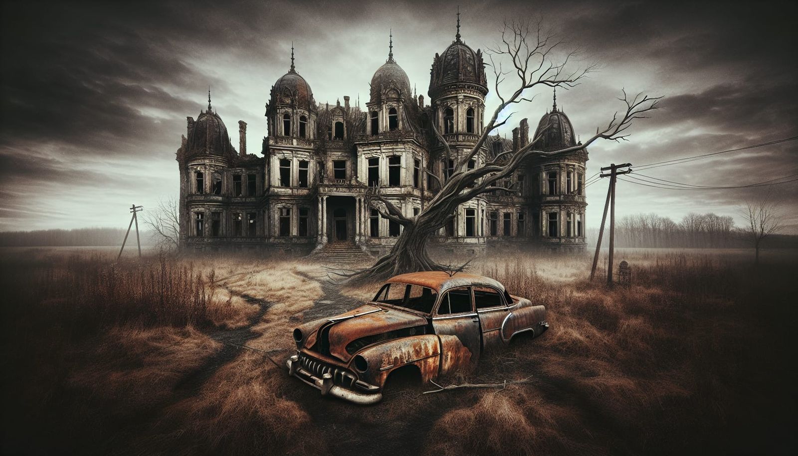 Decaying Mansion in Autumnal Dark Fantasy Scene
