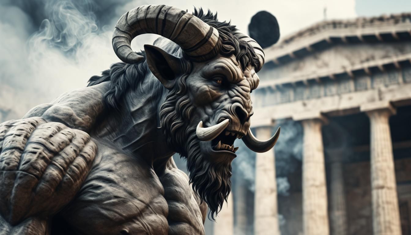 Photorealistic Minotaur Blowing Smoke in Ancient Greece