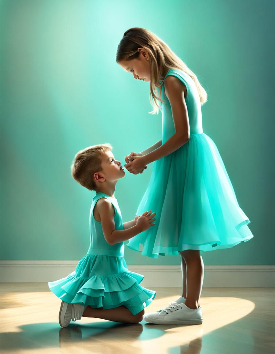 Boy Kneels Before Girl in Aqua Dress