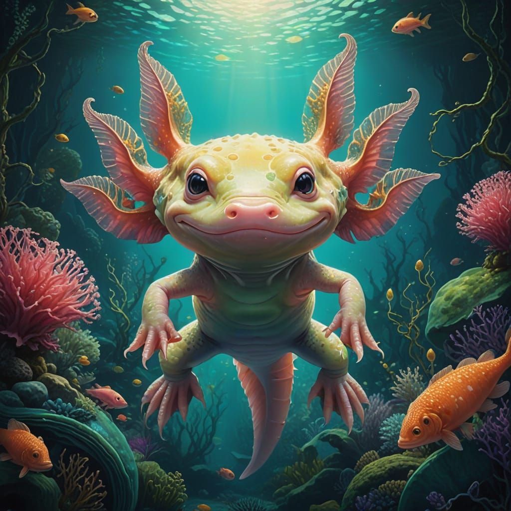 Whimsical Axolotl Portrait in Vibrant Oil on Canvas