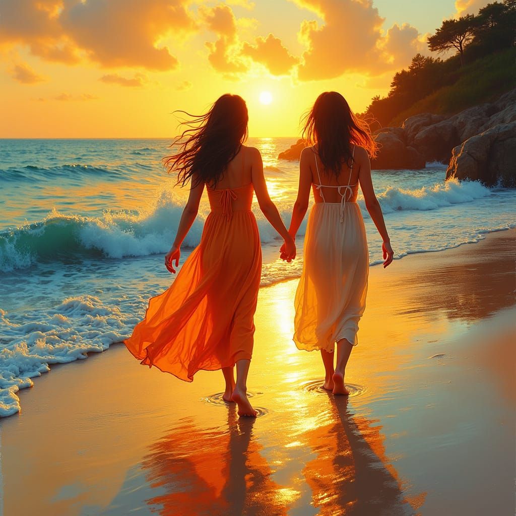 Barefoot Girls Stroll on Beach in Impressionist Style