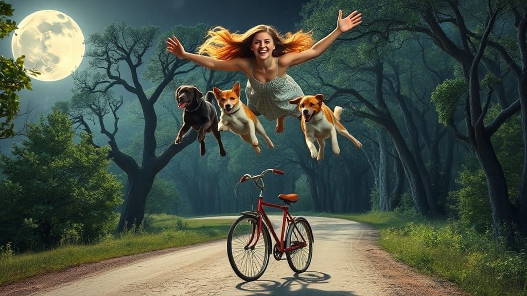 Woman Soars with Dogs in Enchanted Forest