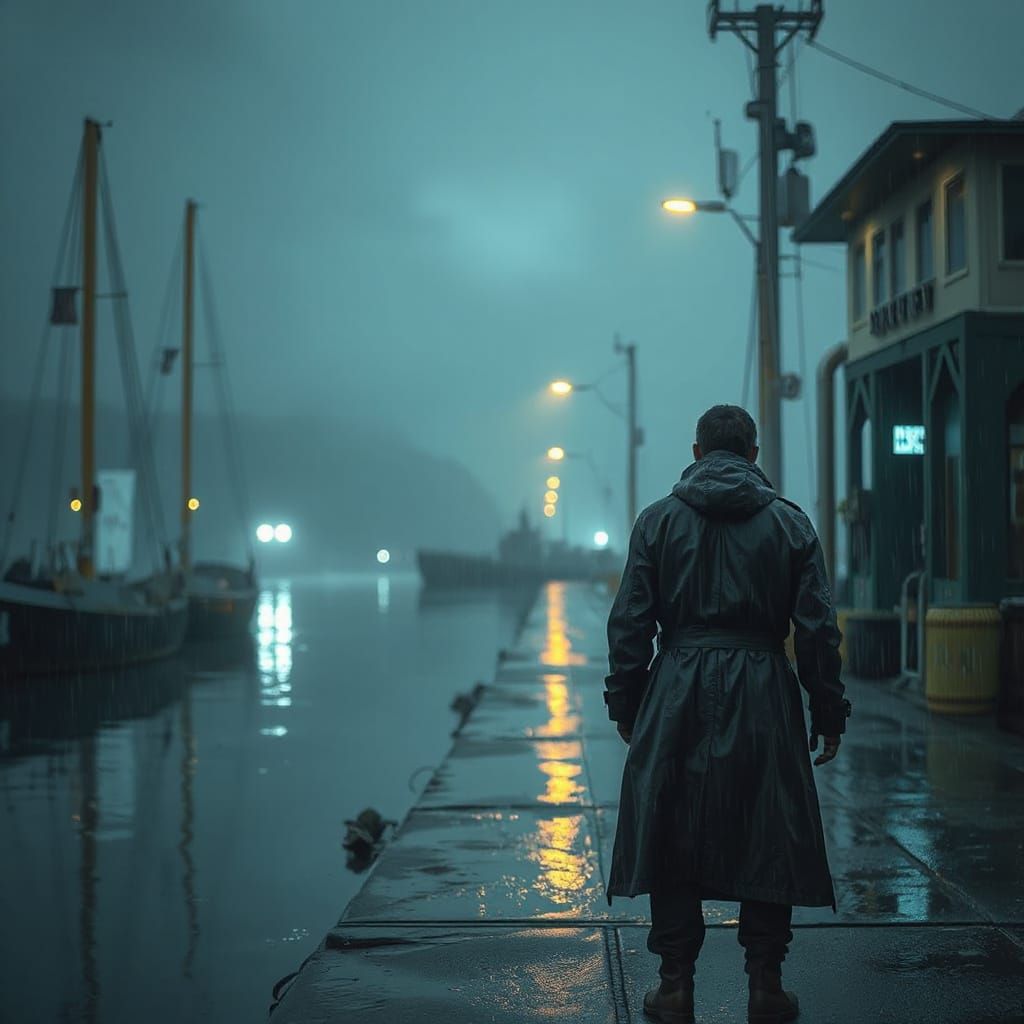 Gloomy Seaport at Dusk with Misty Lights