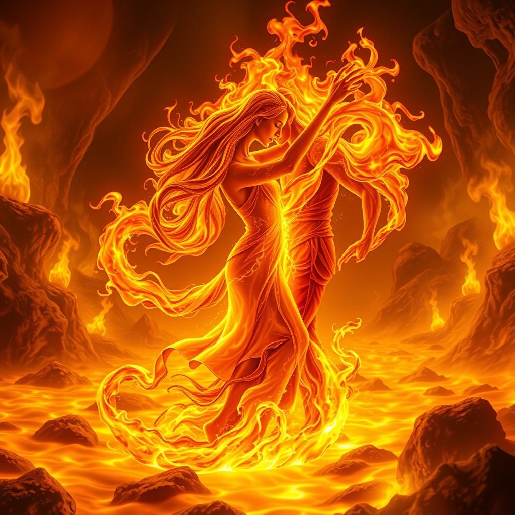 Fire and Lava Lovers Dancing in Golden Flames