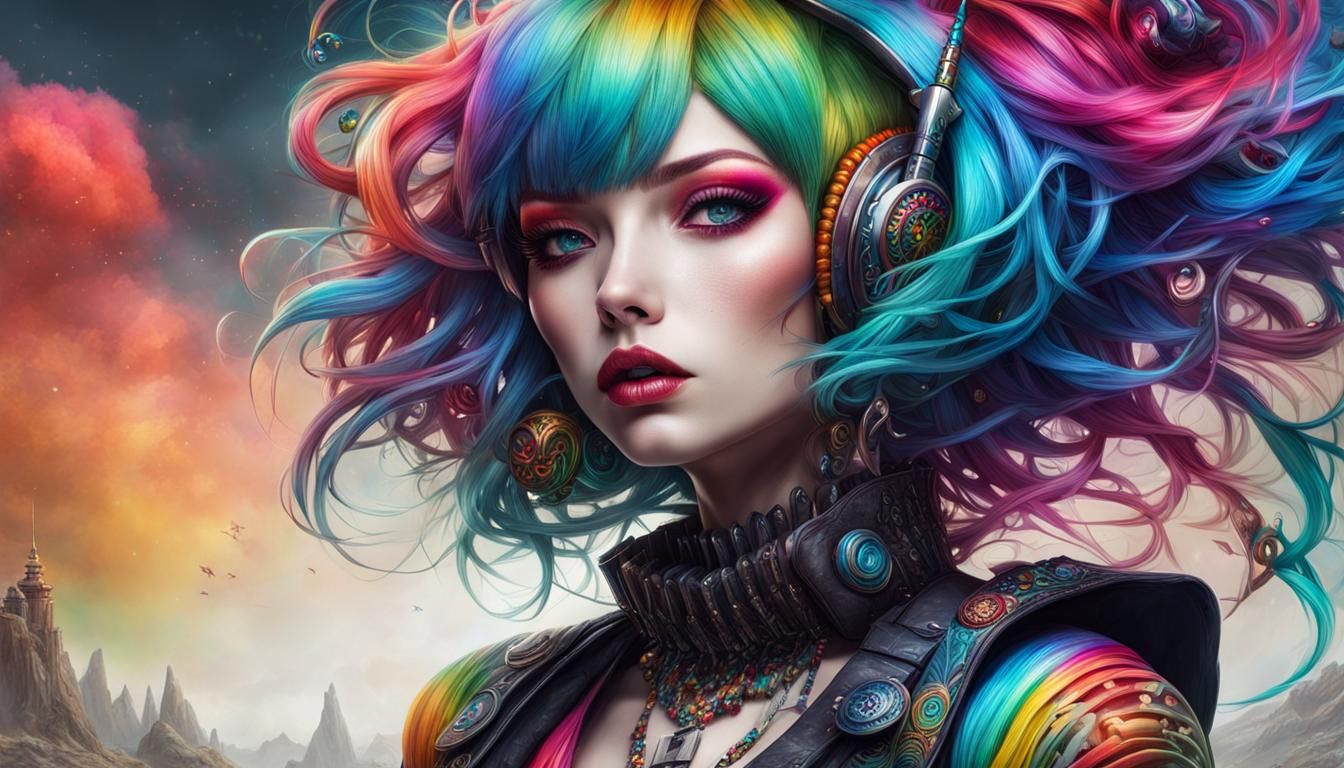 Anime Girl with Rainbow Hair and Tattoos