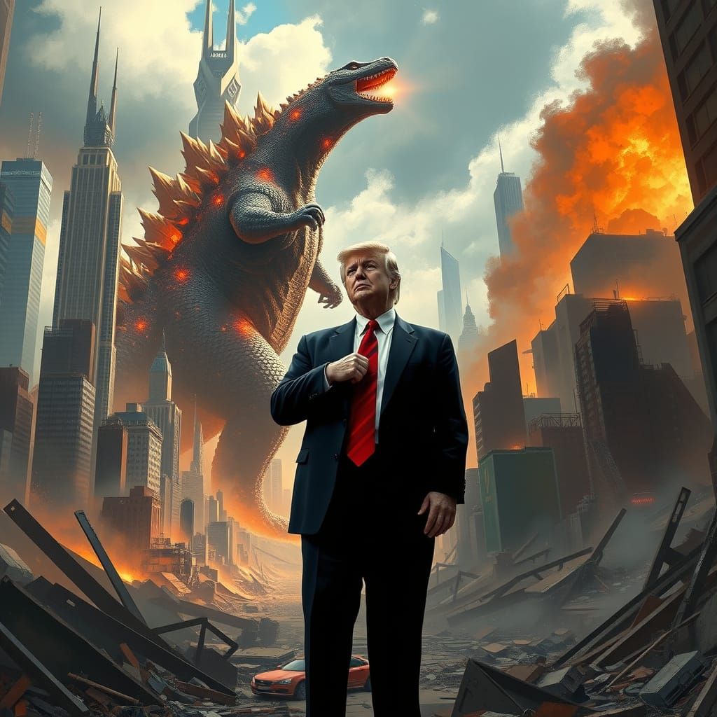 Trump Defiant in Ruined City as Godzilla Rages On