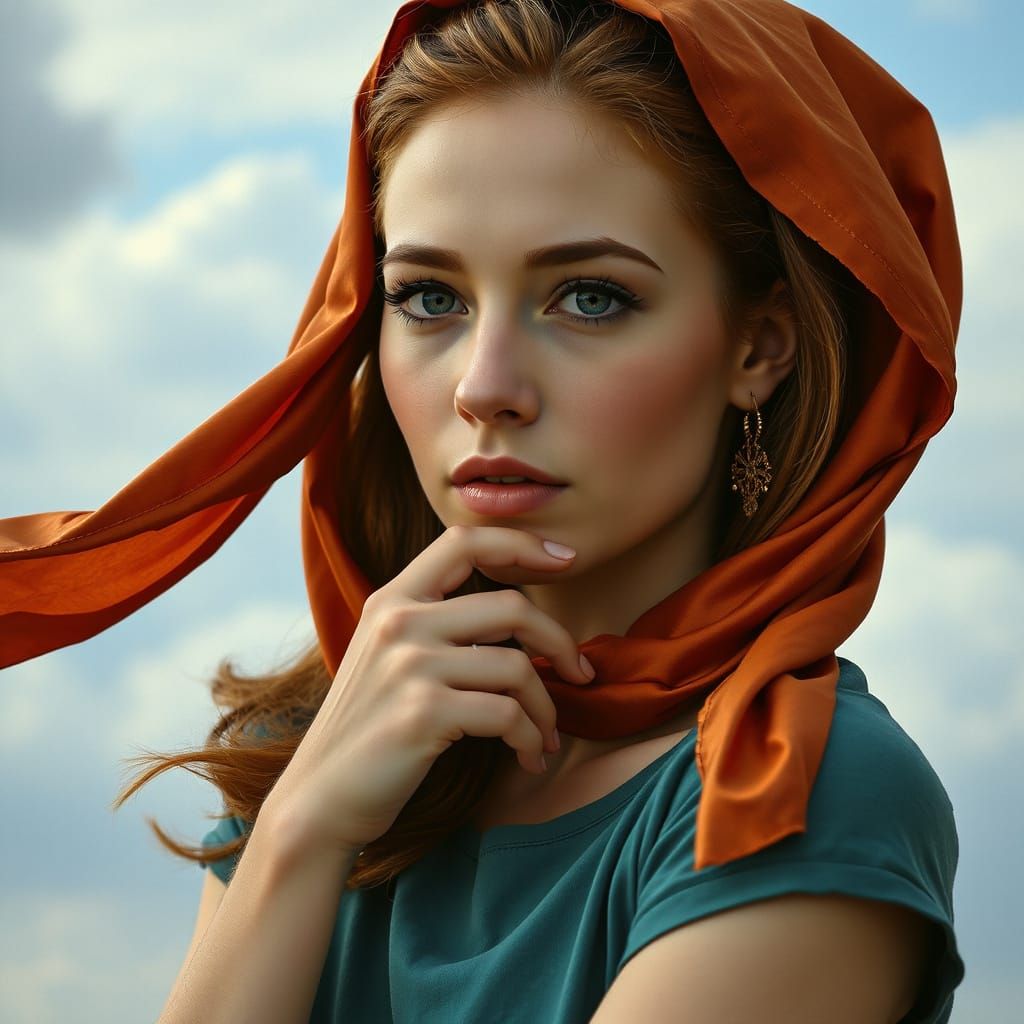 Hyperrealistic Portrait of Woman in Teal and Orange Silks
