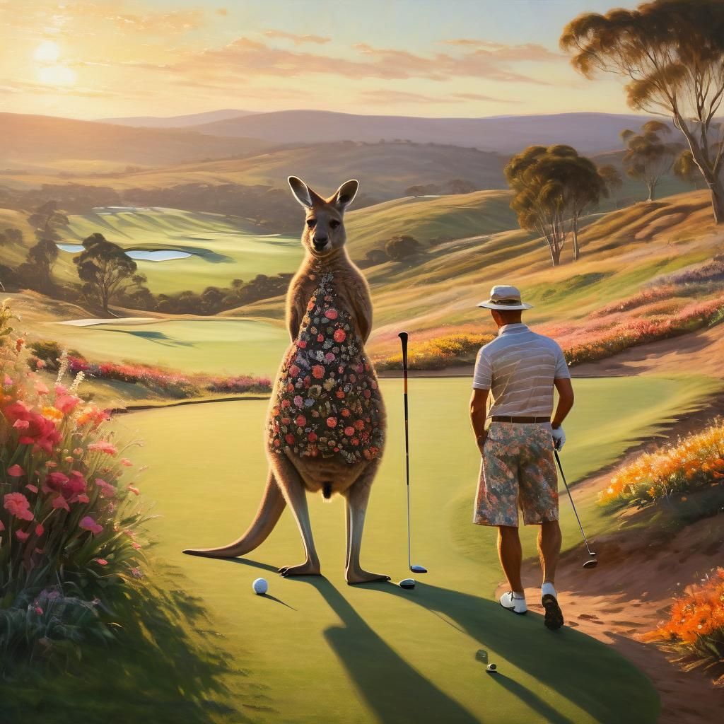 Kangaroo Watching Golf in Australian Impressionism Style