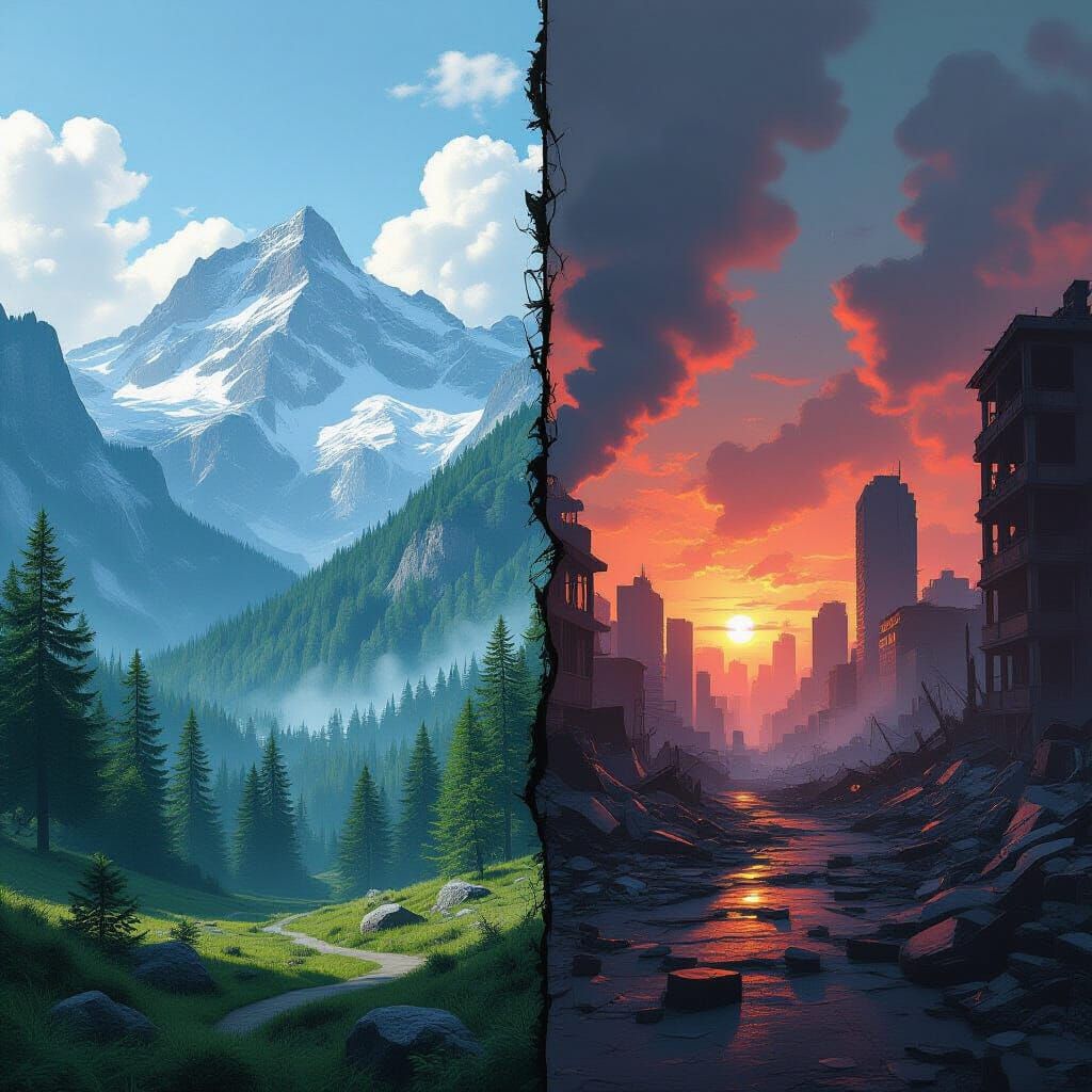 Nature and Destruction Split Screen in Cyberpunk Style