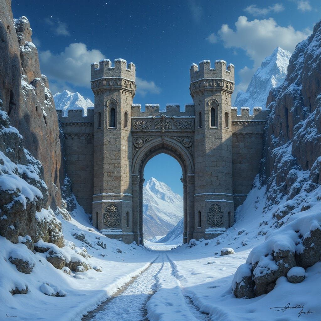 Majestic Fortress Gates under Starry Sky