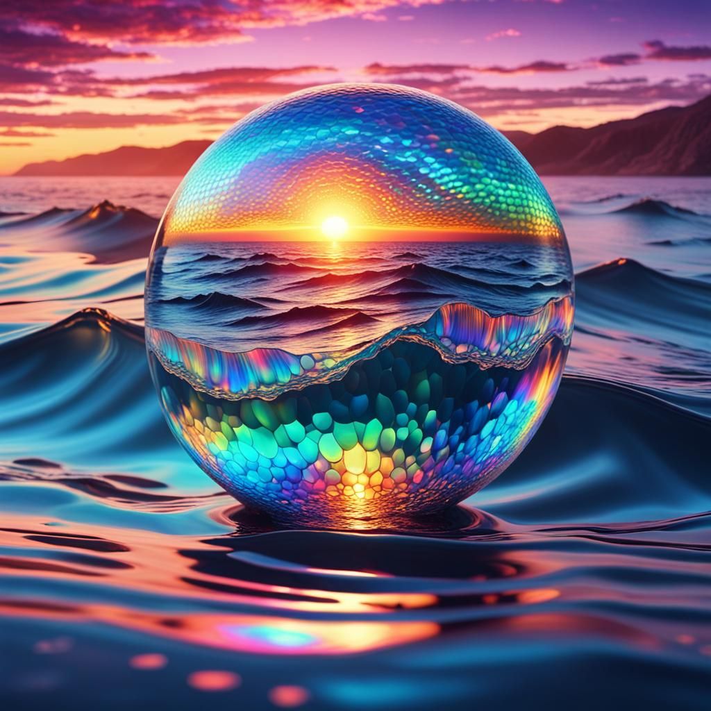Holographic Iridescent Sunset Seascape in 3D