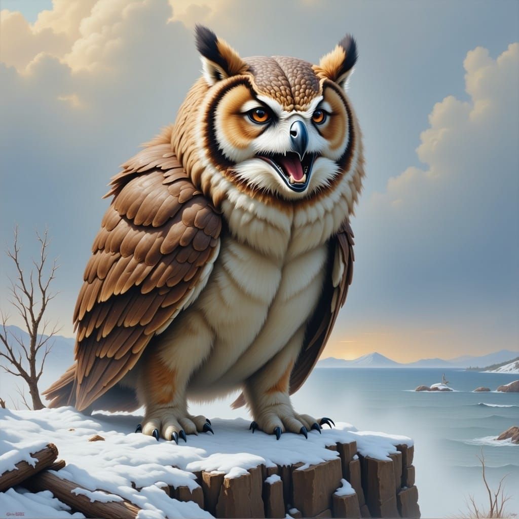 Owlbear on Snowy Cliff in Roman Oil Style
