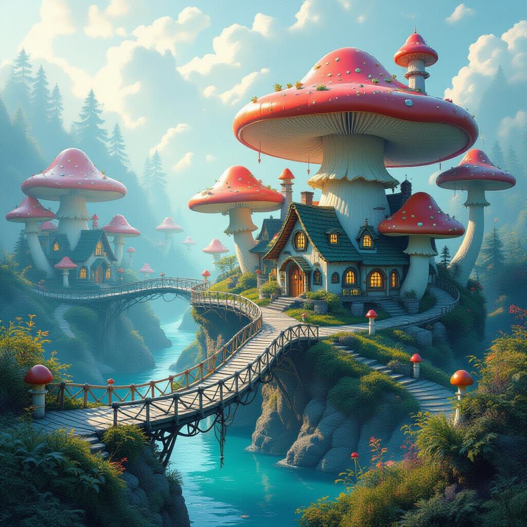 Iridescent Mushroom Village with Twisted Bridges