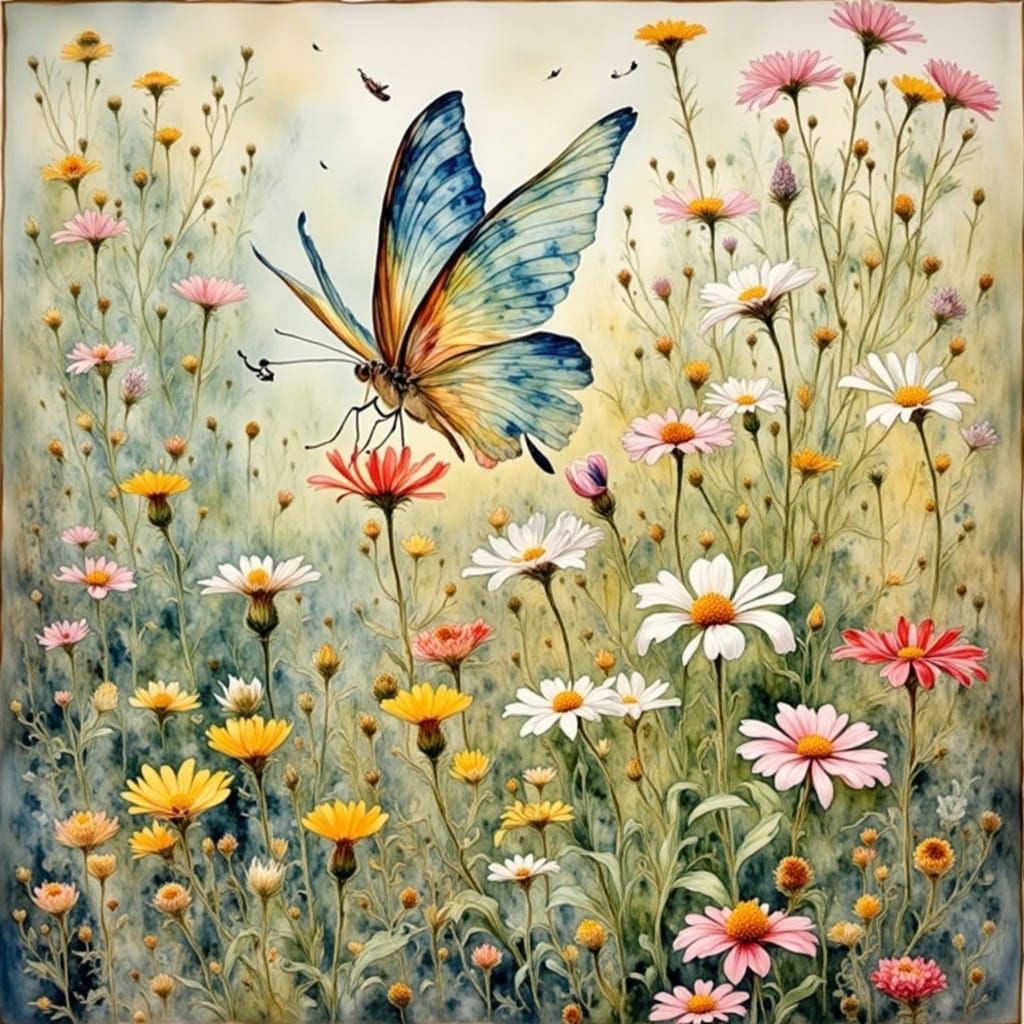 Wildflowers and Butterfly in Impressionistic Style