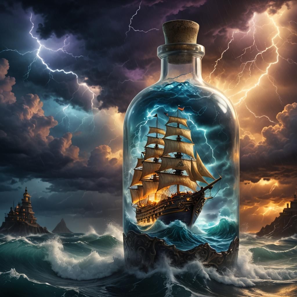 Magical Ship Navigates Stormy Sea Inside Ornate Bottle