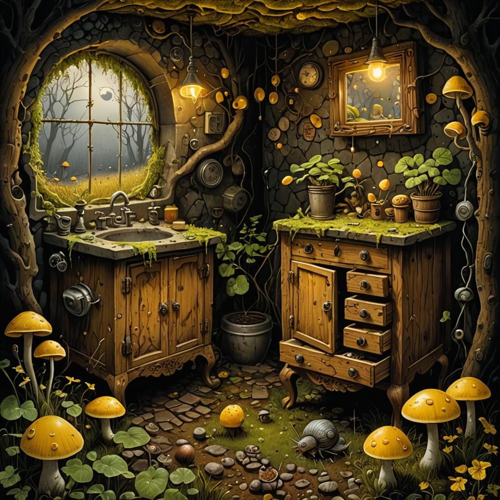 Surreal Rustic Cave Cottage Interior with Antique Commode