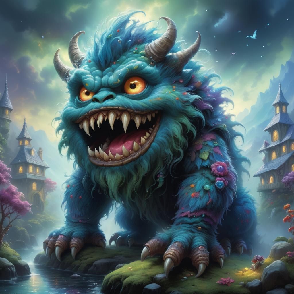 Vibrant Cute Monster in Dreamy Ethereal Landscape