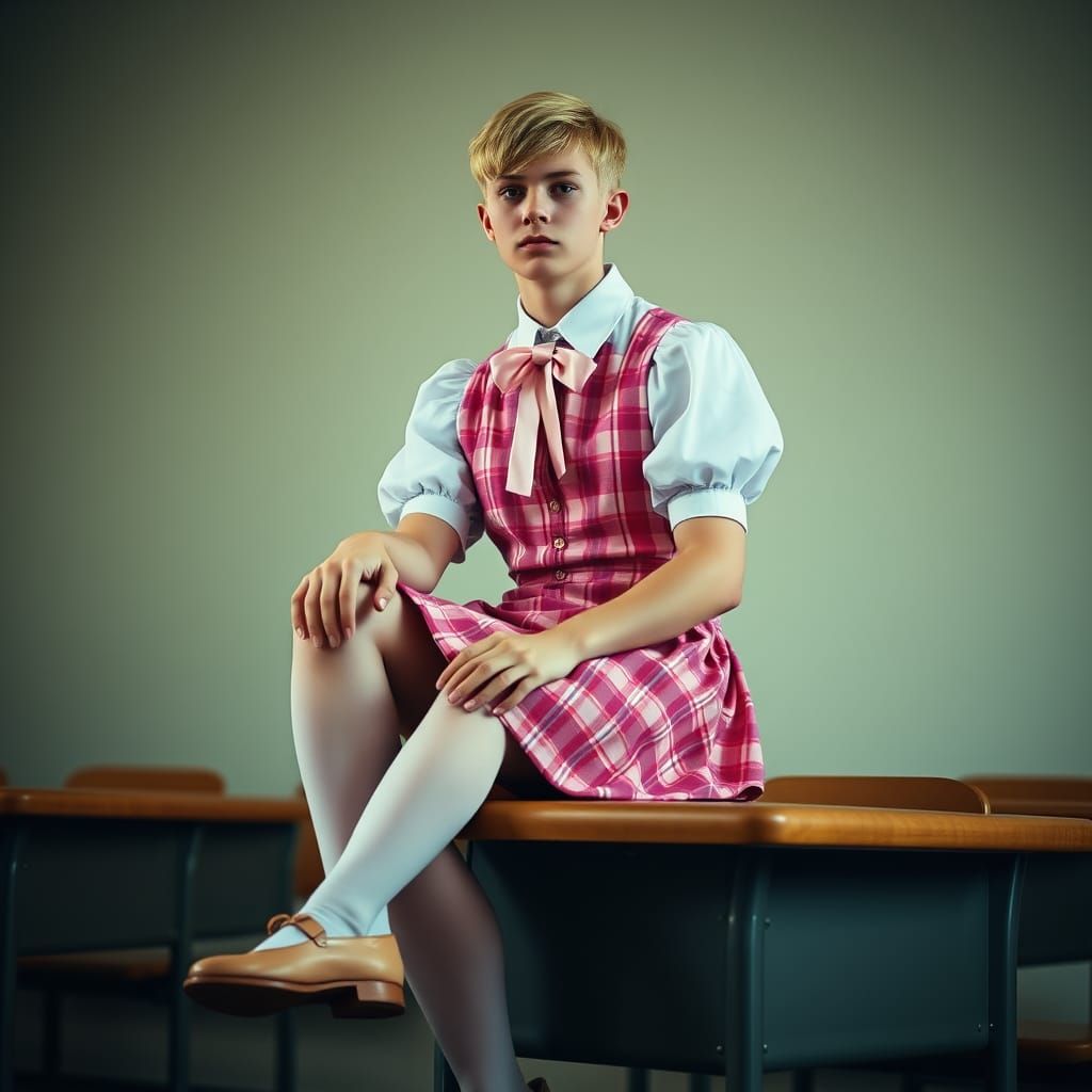 Elegant Young Man in Pink Plaid Pinafore Dress