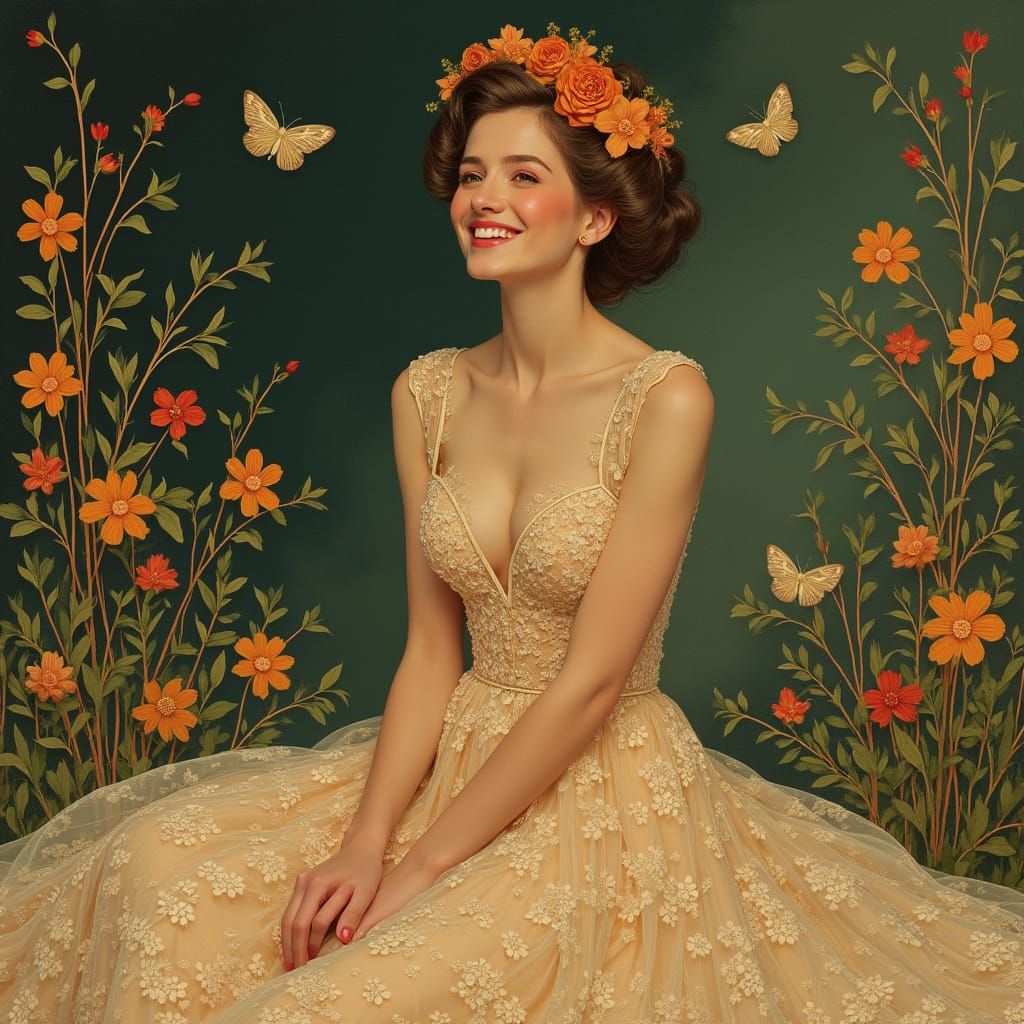 Elegant Woman in Peach Dress with Floral Crown