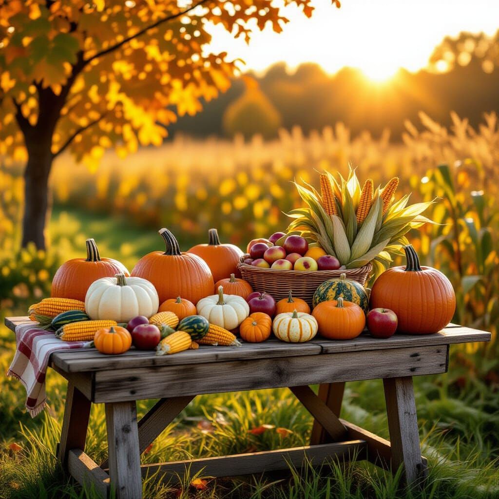 Autumn Harvest Table in Sun-Drenched Orchard