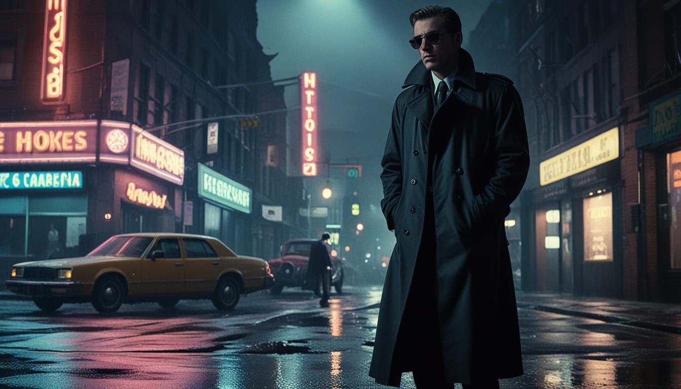 Rainy Midnight Cityscape in Cyberpunk Noir Style