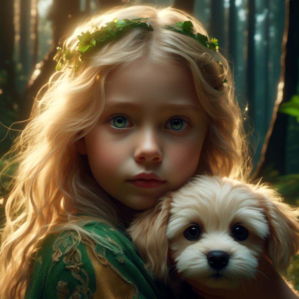 Little Girl with Puppy in Detailed Fantasy Forest