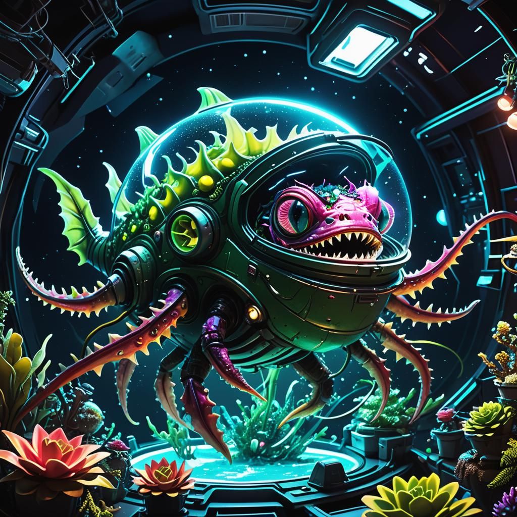 Biomechanical Fusion: Anglerfish, Plant, Astronaut in Spaces...