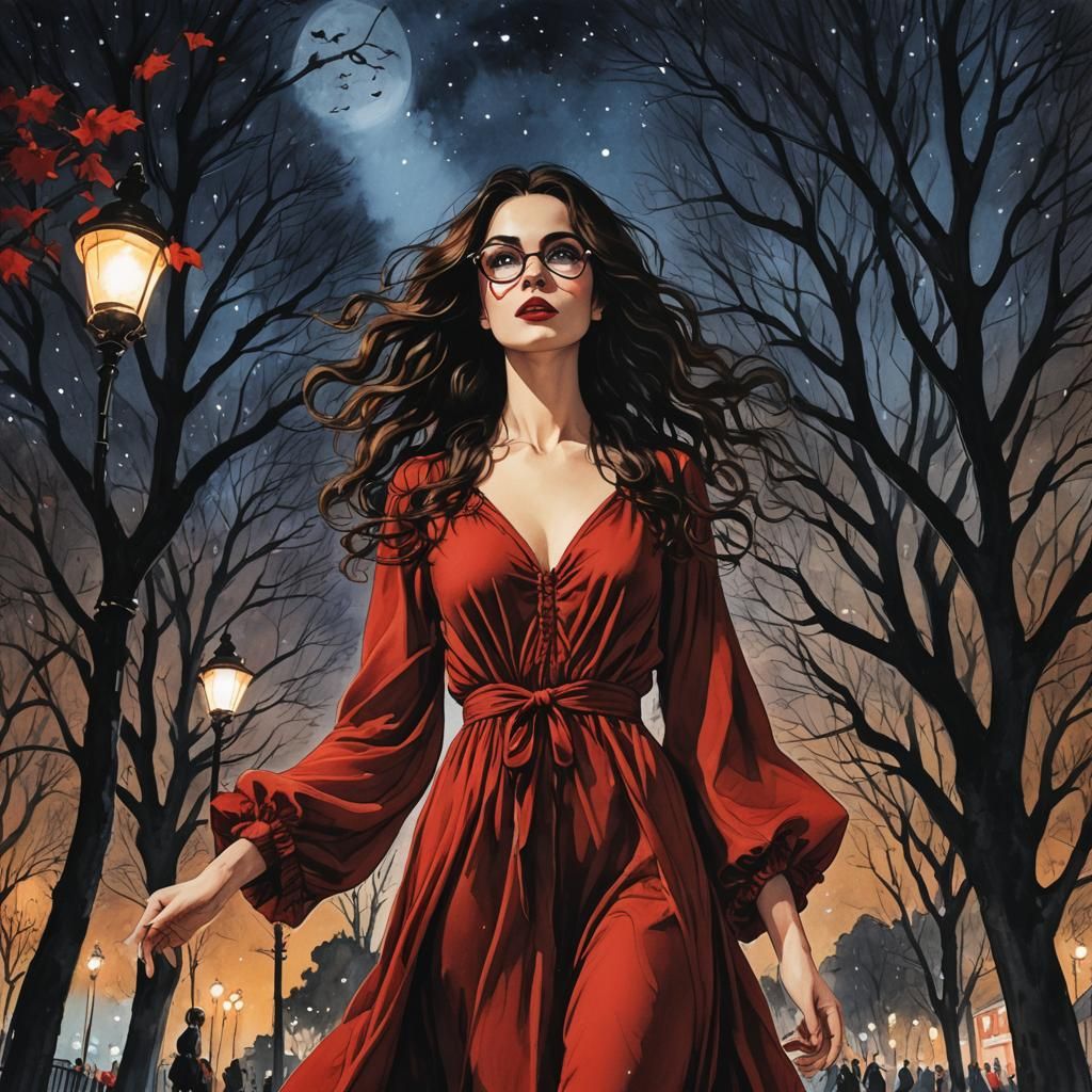 Starry Night Stroll: Woman in Red Dress