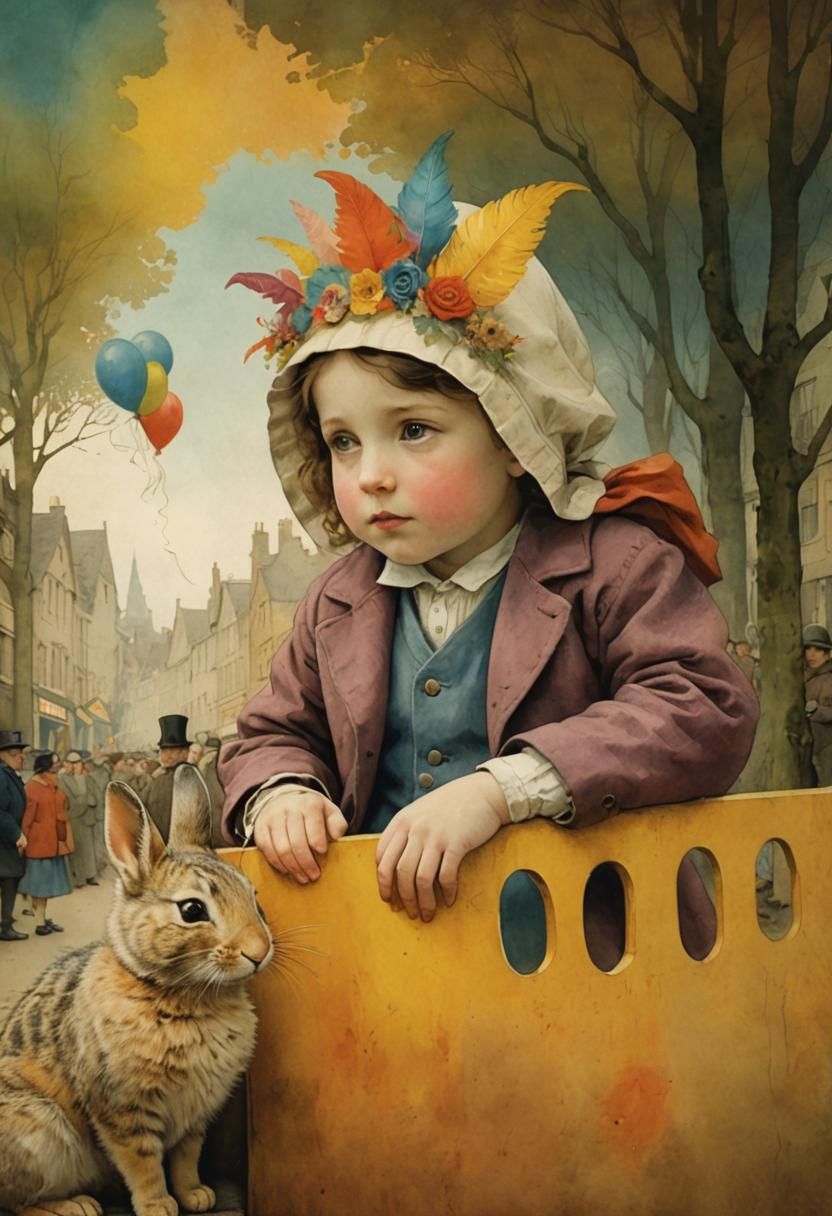 Child Watches Carnival Parade: Whimsical Illustration