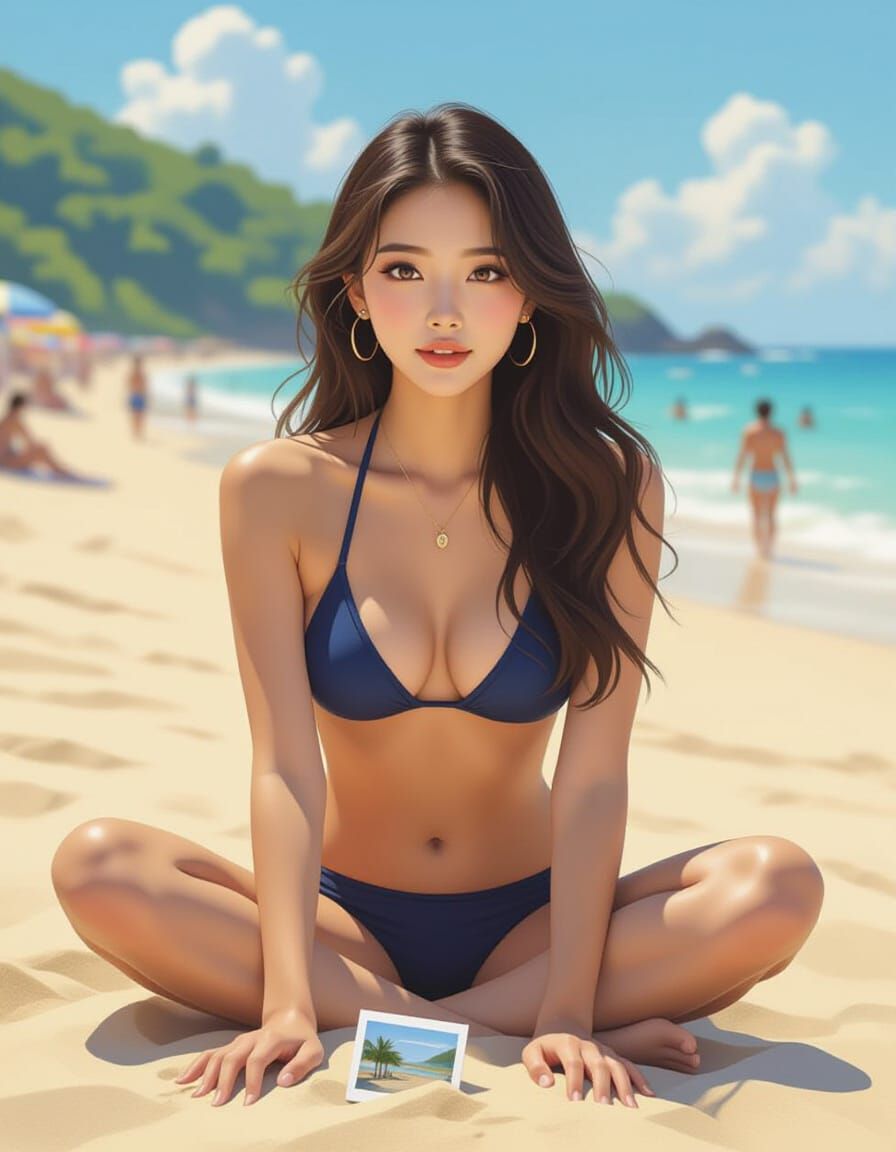 Glamorous K-Pop Idol on Beach, Art Nouveau Style