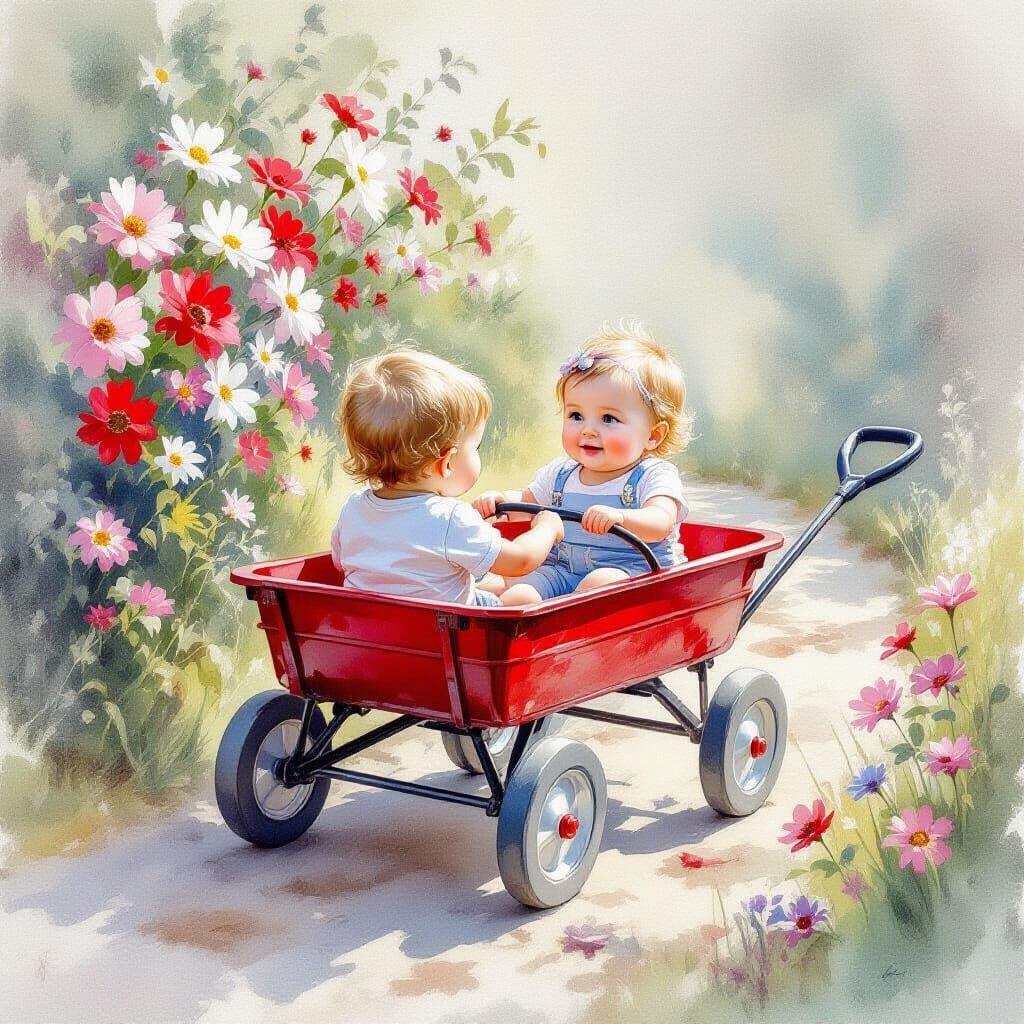 Brother Pulls Sister in Red Wagon Surrounded by Flowers