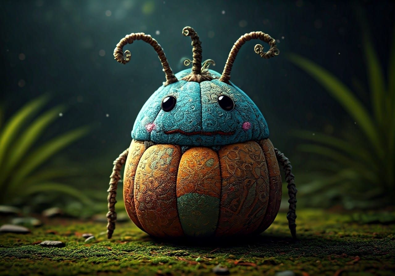 Patchwork Creatures Climb Gourd Tree: CGI Fantasy Art