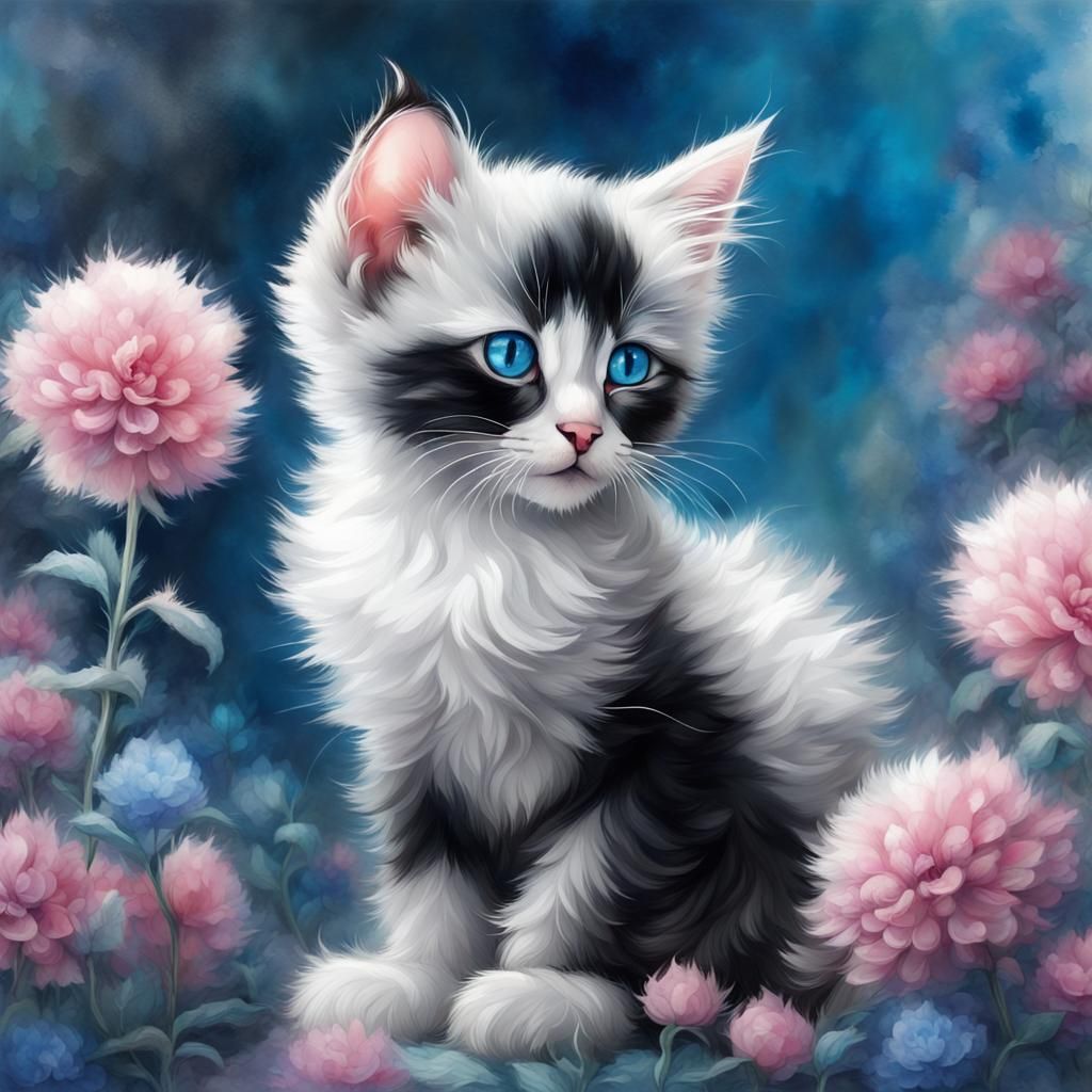 Fluffy Kitten with Blue Eyes in Watercolor Style
