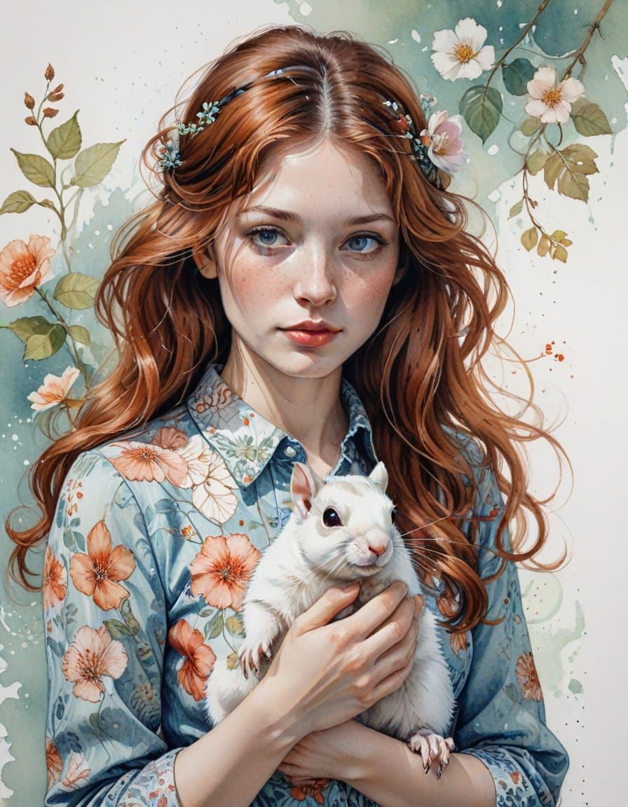 Watercolor Portrait of a Woman with a Squirrel in Everyday L...