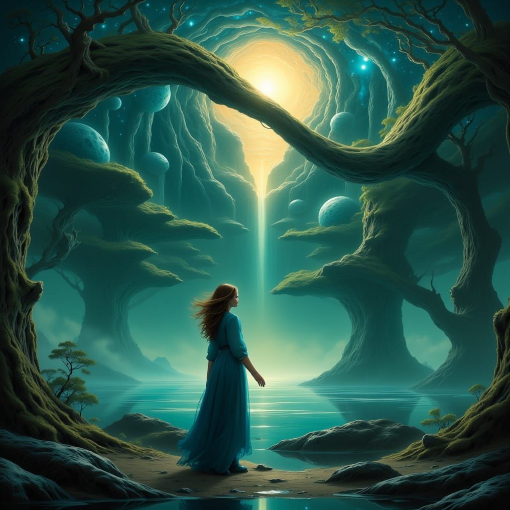 Morning coffee, a teal surreal woman