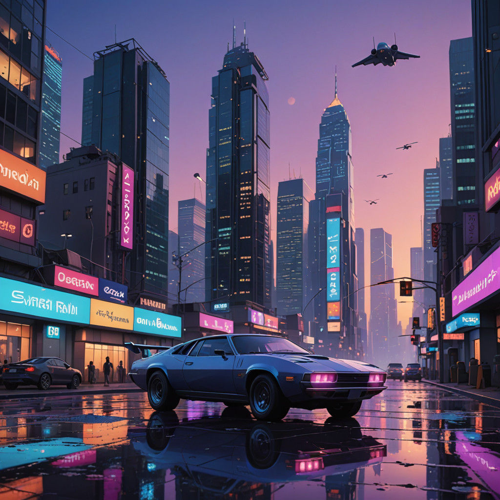 Futuristic Cityscape at Twilight, in the Style of Syd Mead a...