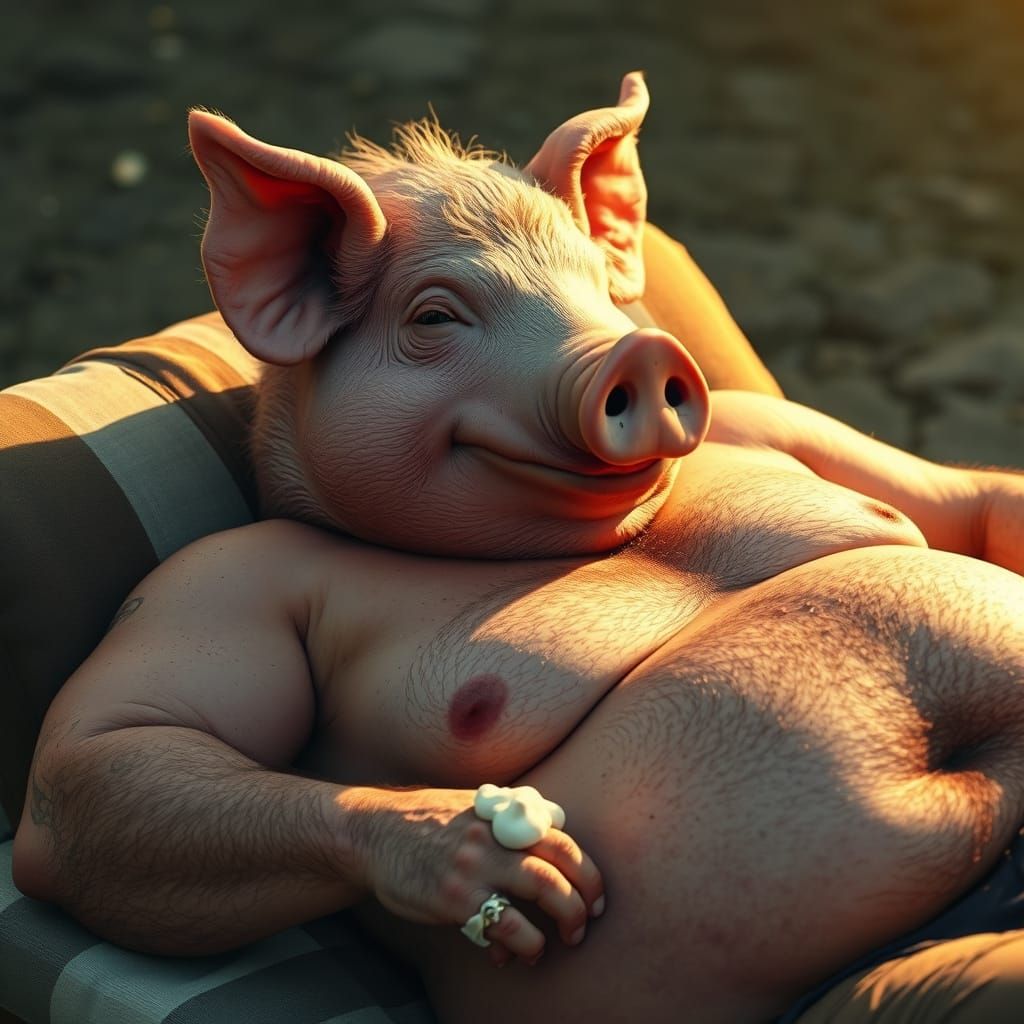 Pudgy Pig-Man Sunbathing with Dessert, Dark Fantasy Style