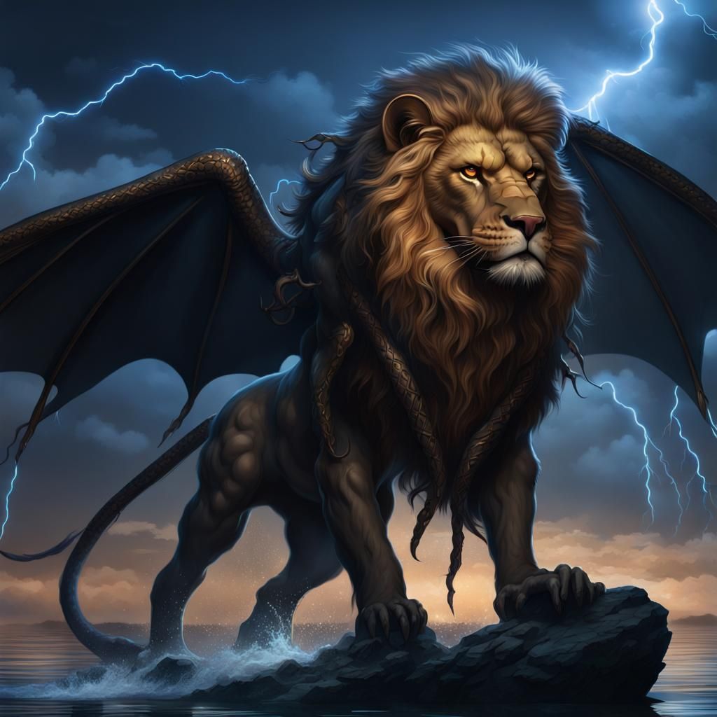 Bat-Winged Lion with Snake Face in Stormy Night