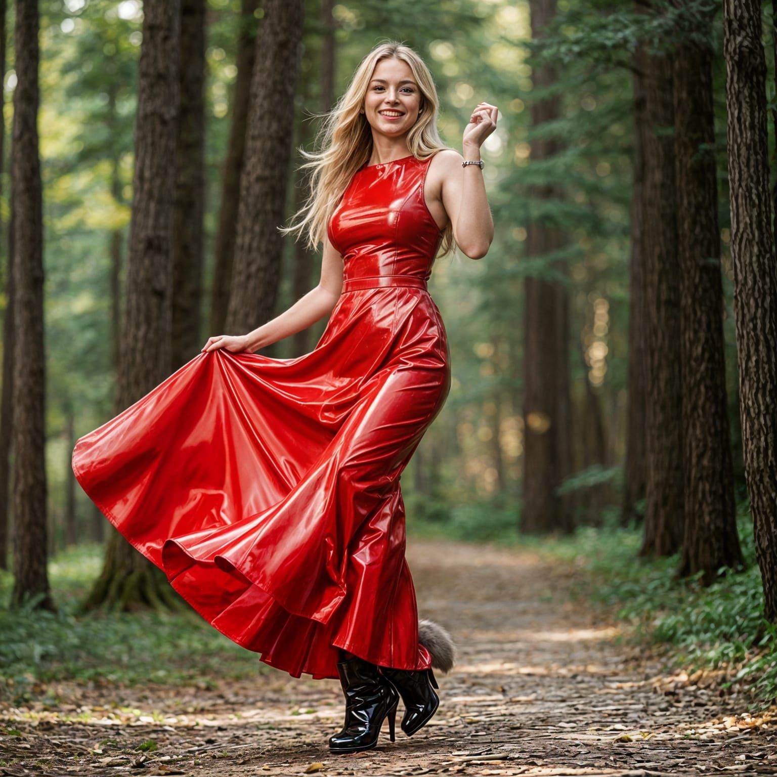 Happy Blonde Woman Dancing in Forest
