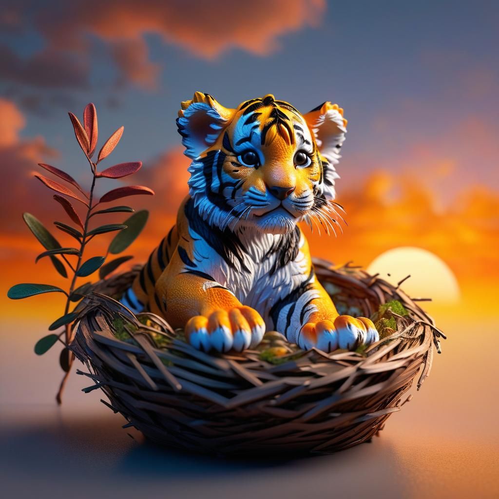 Miniature Tiger in Nest at Colorful Sunrise
