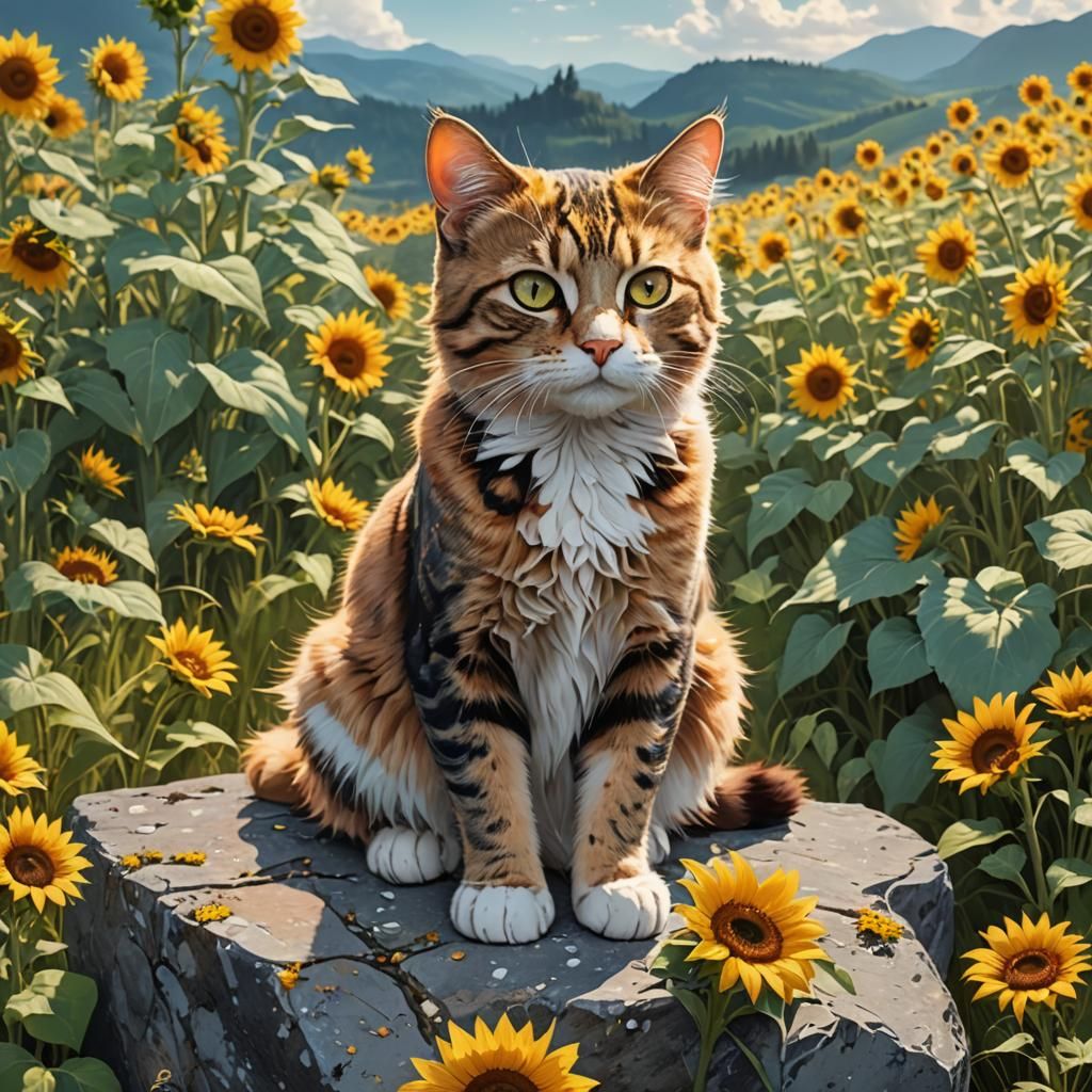 Comic Cat in Sunflower Meadow: Anime Style Art