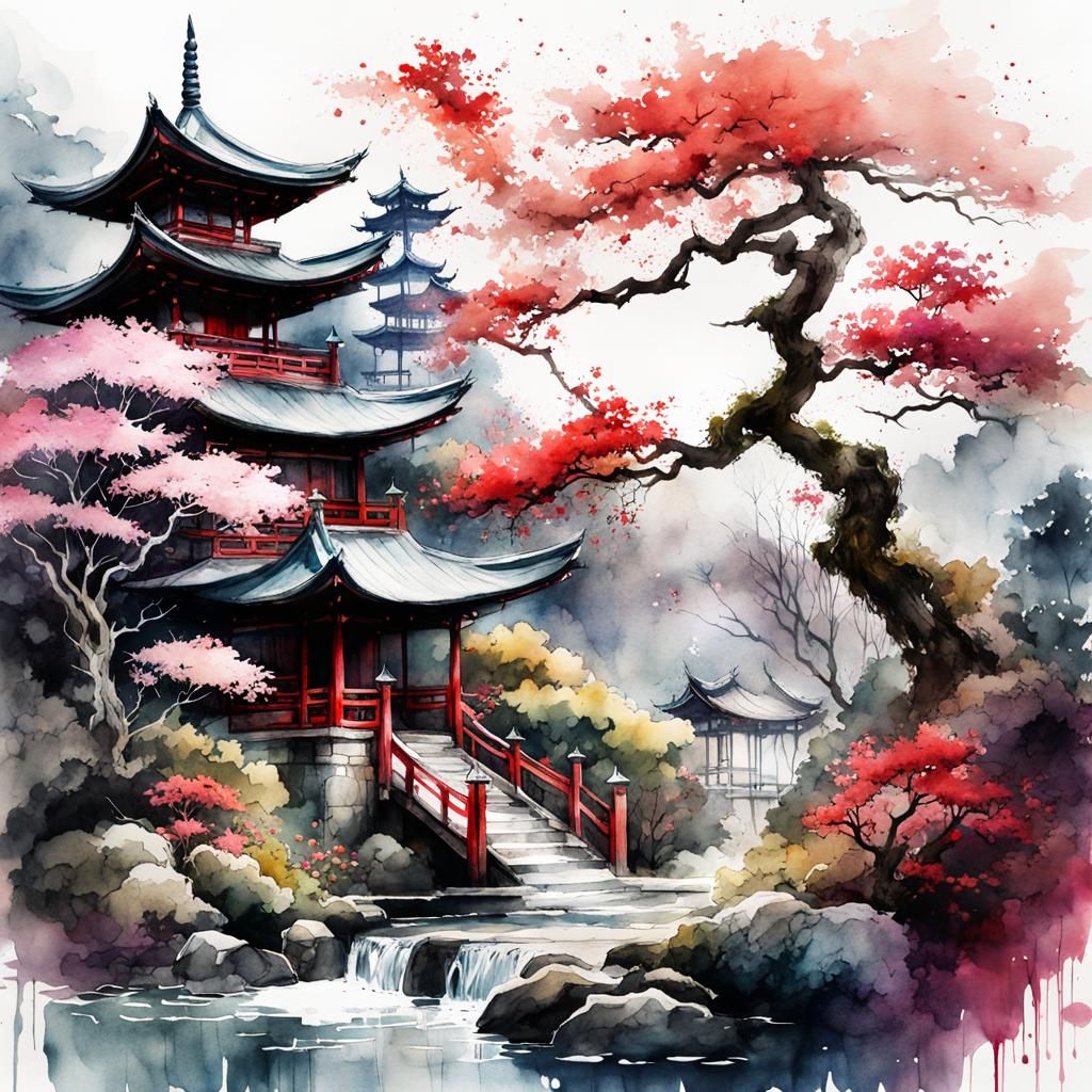 Blood Moon Over Japanese Garden in Watercolor Style