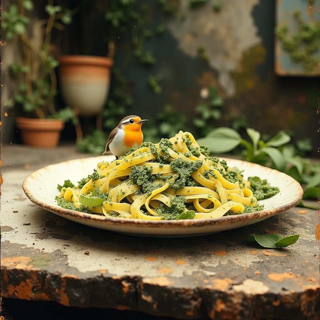 Robin Bird in Pesto Pasta Dish, Food Photography Style