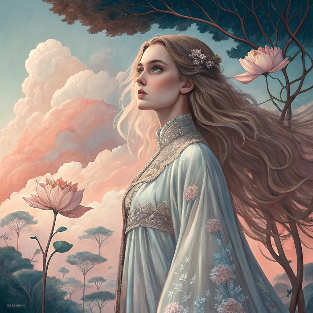 Woman in Silk Gown in Dreamlike Landscape