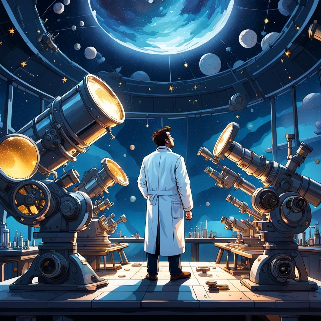 Scientist Observes Starry Sky: Sci-Fi Concept Art