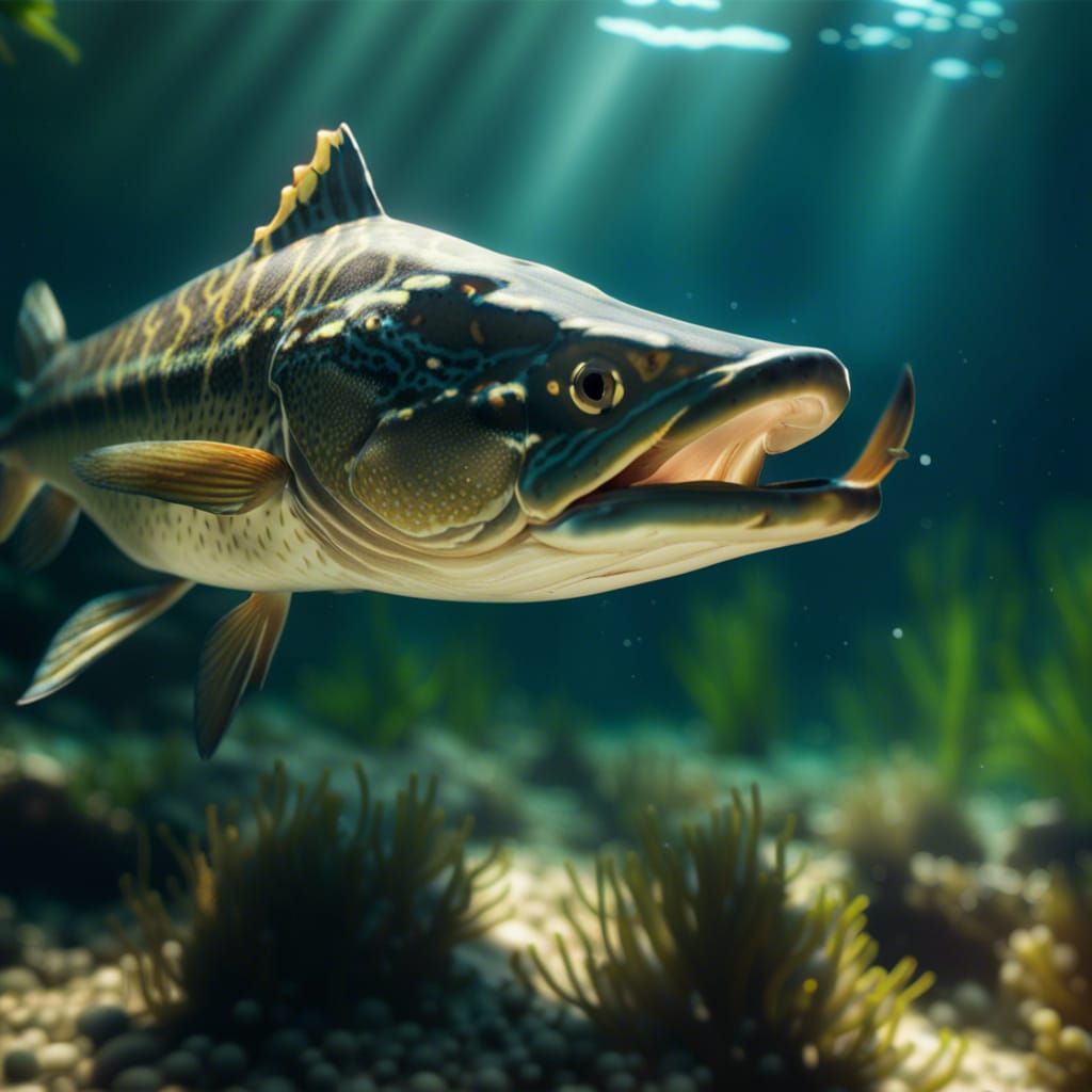 Pike Stalking Fish in Dappled Underwater Light